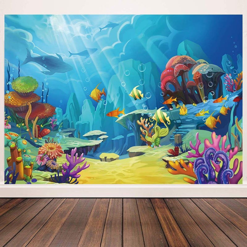 CHAIYA Under The Sea Backdrop Ocean Little Mermaid Backdrop Background for Under The Sea Theme Baby Shower Photo Booth Banner Party Cake Table Decoration 5x3ft - Image 1